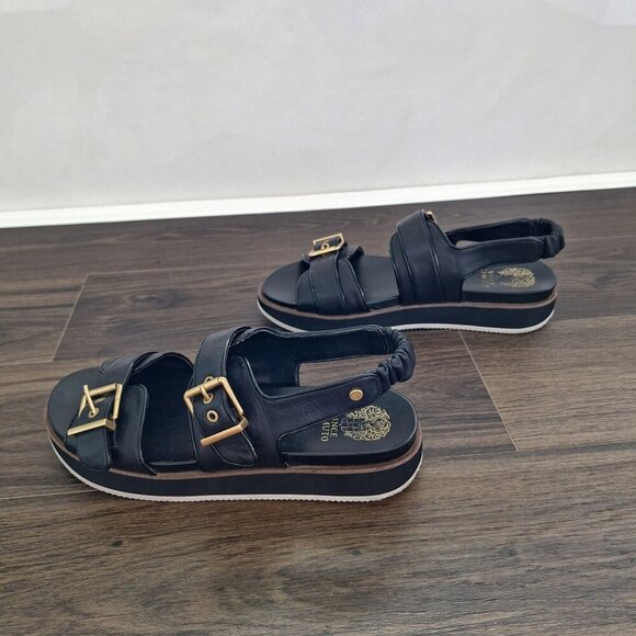 💙 Vince Camuto Anivay Leather Platform Sandals Size 11 Black Gold - Picture 6 of 8